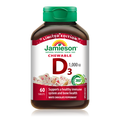 31002252 Vitamin D3 1,000 IU Chewable - White Chocolate Peppermint 60 Chewables 31002252_D3_Chewable_WhiteChocPeppermint_160cc_R21004555_BTL_MAIN